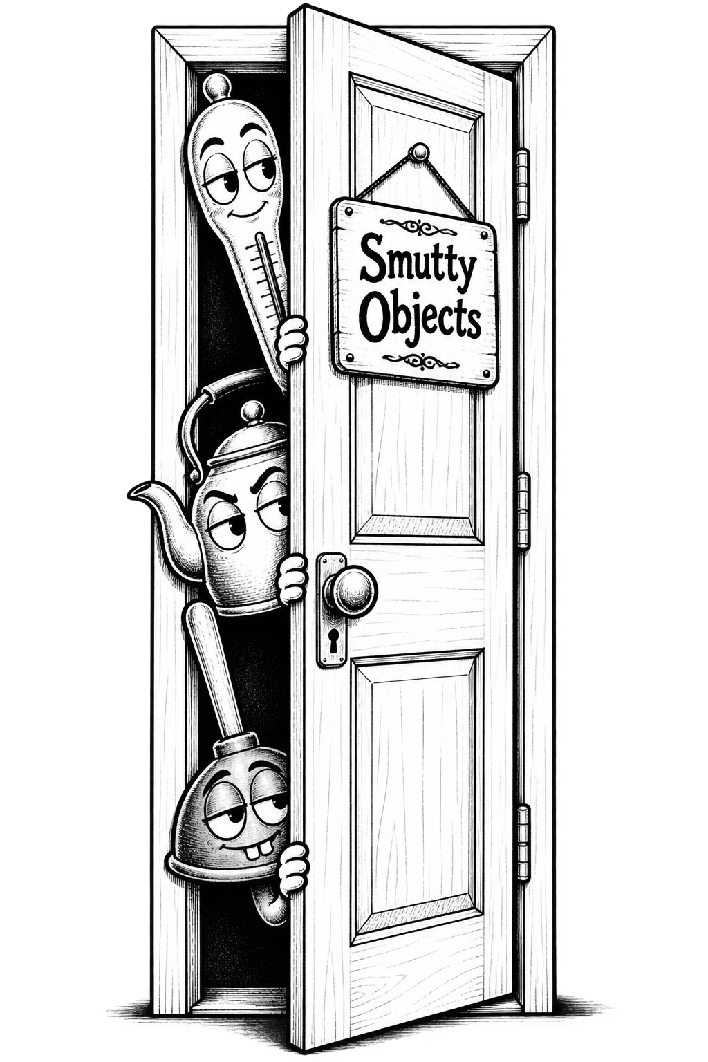 A thermometer, tea kettle, and plunger peeking through a hand-drawn doorway